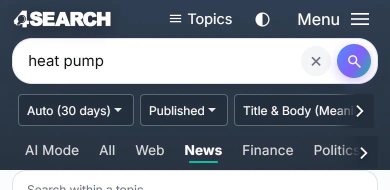 A results page on a phone: the logo, Topics button, theme button and Menu in a compact bar, the search box, a filter row that slides sideways and the tabs