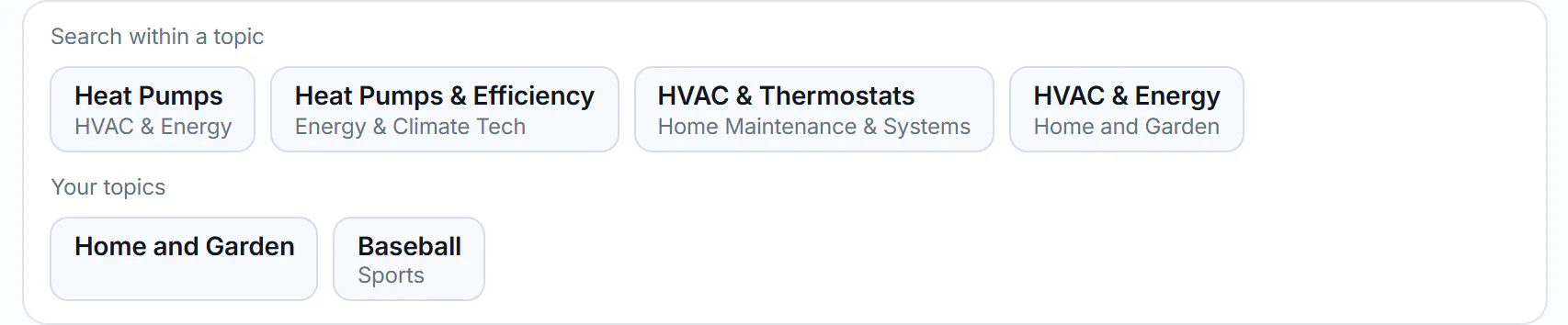 A news search for heat pump with the Search within a topic card above the results: four suggested topics to run the search in, and a Your topics row with the topics you follow